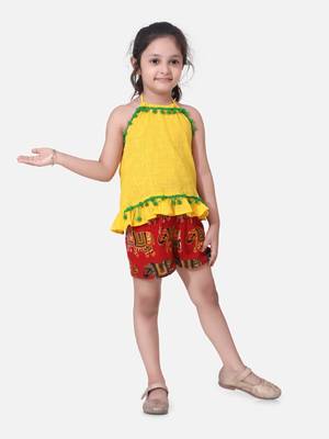 Yellow Pure Cotton Top With Printed Shorts 2