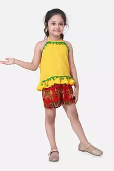 Yellow Pure Cotton Top With Printed Shorts