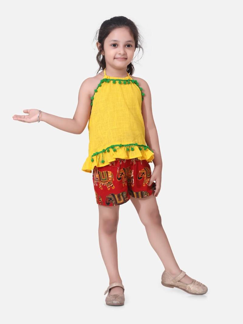 Yellow Pure Cotton Top With Printed Shorts