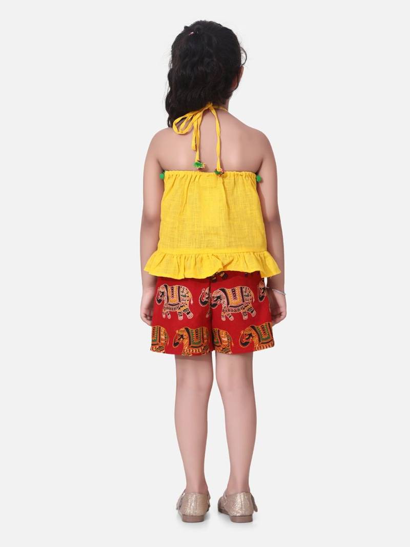 Yellow Pure Cotton Top With Printed Shorts