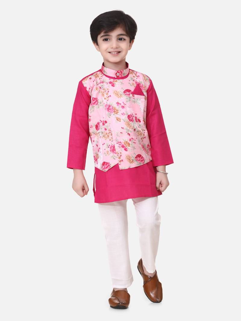 Pink Attached Jacket Kurta Pajama For Boys