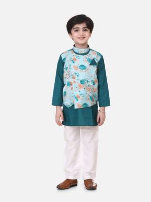 Green Attached Jacket Kurta Pajama For Boys 1