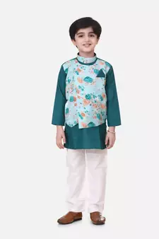 Green Attached Jacket Kurta Pajama For Boys