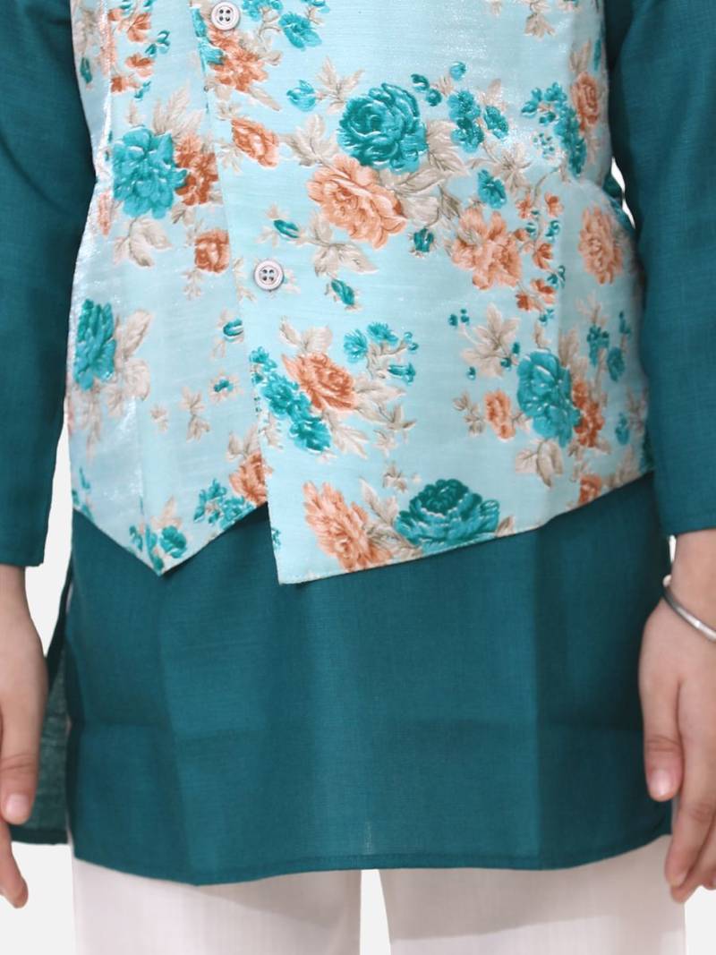 Green Attached Jacket Kurta Pajama For Boys