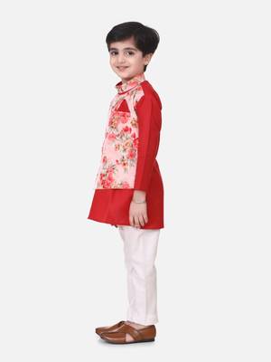 Red Attached Jacket Kurta Pajama For Boys 2