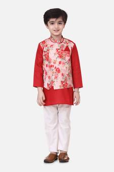 Red Attached Jacket Kurta Pajama For Boys