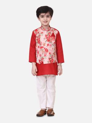 Red Attached Jacket Kurta Pajama For Boys 1
