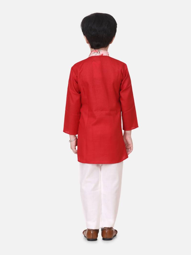Red Attached Jacket Kurta Pajama For Boys