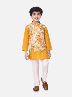 Yellow Attached Jacket Kurta Pajama For Boys 1