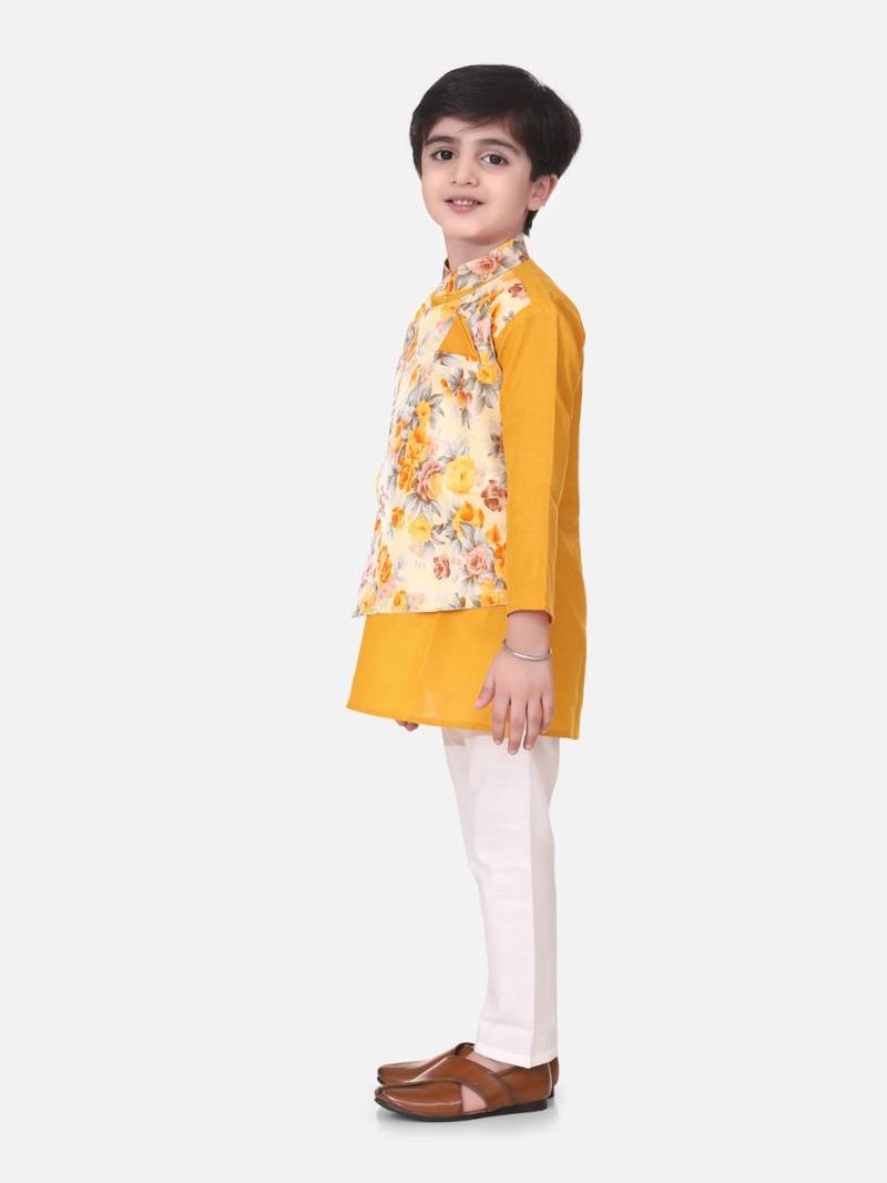 Yellow Attached Jacket Kurta Pajama For Boys