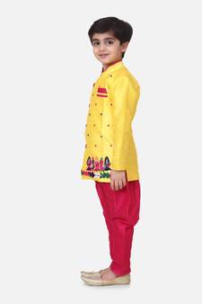 Yellow Hand Embroidered Mor Sherwani For Boys