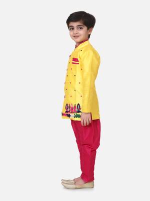 Yellow Hand Embroidered Mor Sherwani For Boys 1
