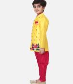 Yellow Hand Embroidered Mor Sherwani For Boys