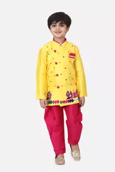 Yellow Hand Embroidered Mor Sherwani For Boys