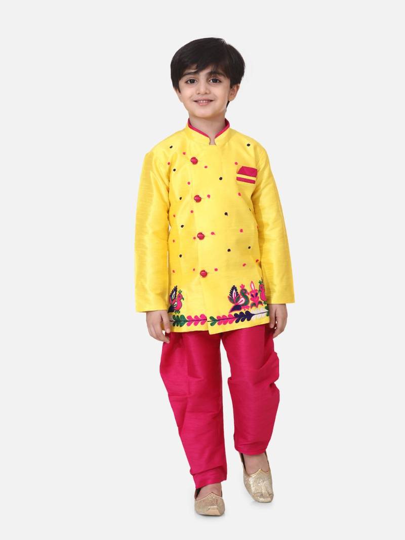 Yellow Hand Embroidered Mor Sherwani For Boys