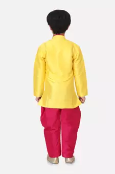 Yellow Hand Embroidered Mor Sherwani For Boys