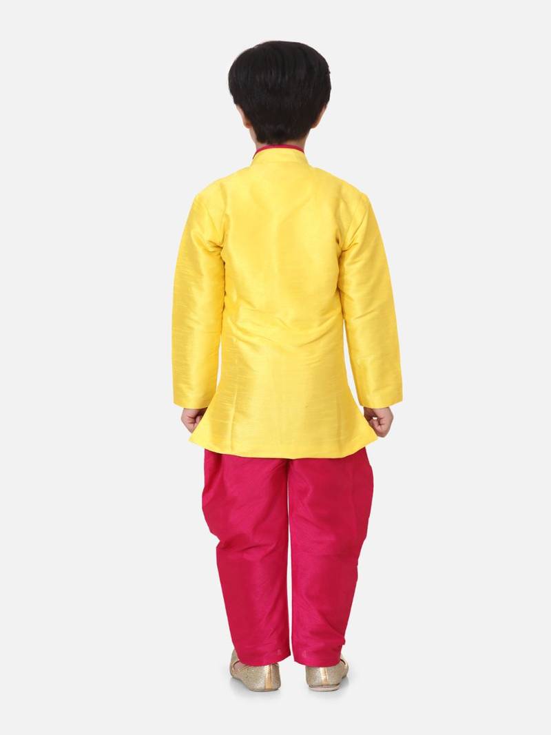 Yellow Hand Embroidered Mor Sherwani For Boys