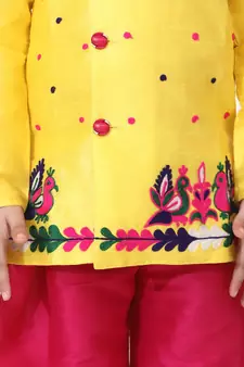 Yellow Hand Embroidered Mor Sherwani For Boys