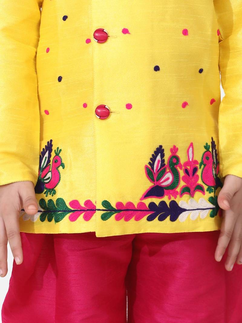 Yellow Hand Embroidered Mor Sherwani For Boys