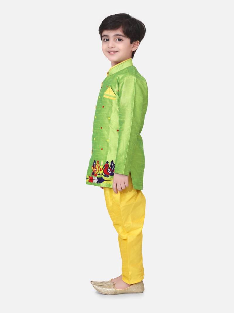 Green Hand Embroidered Mor Sherwani For Boys