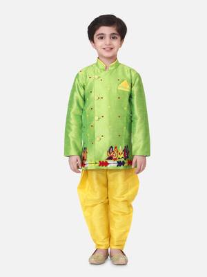 Green Hand Embroidered Mor Sherwani For Boys 1