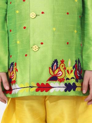 Green Hand Embroidered Mor Sherwani For Boys 4