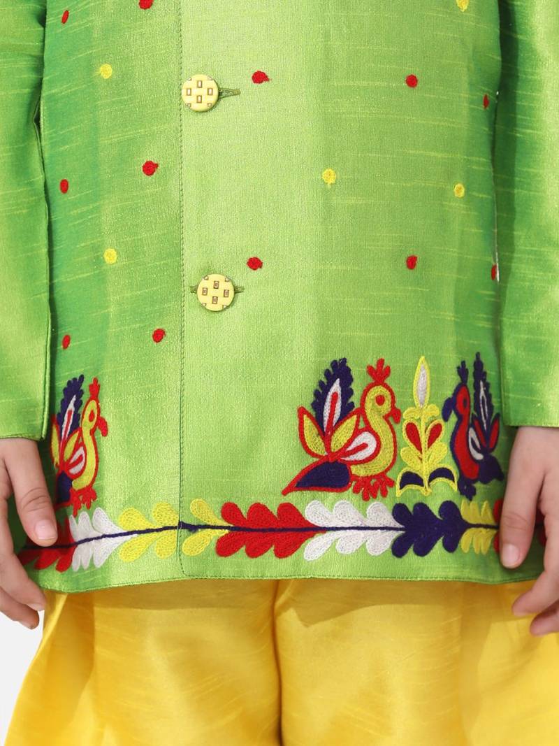 Green Hand Embroidered Mor Sherwani For Boys