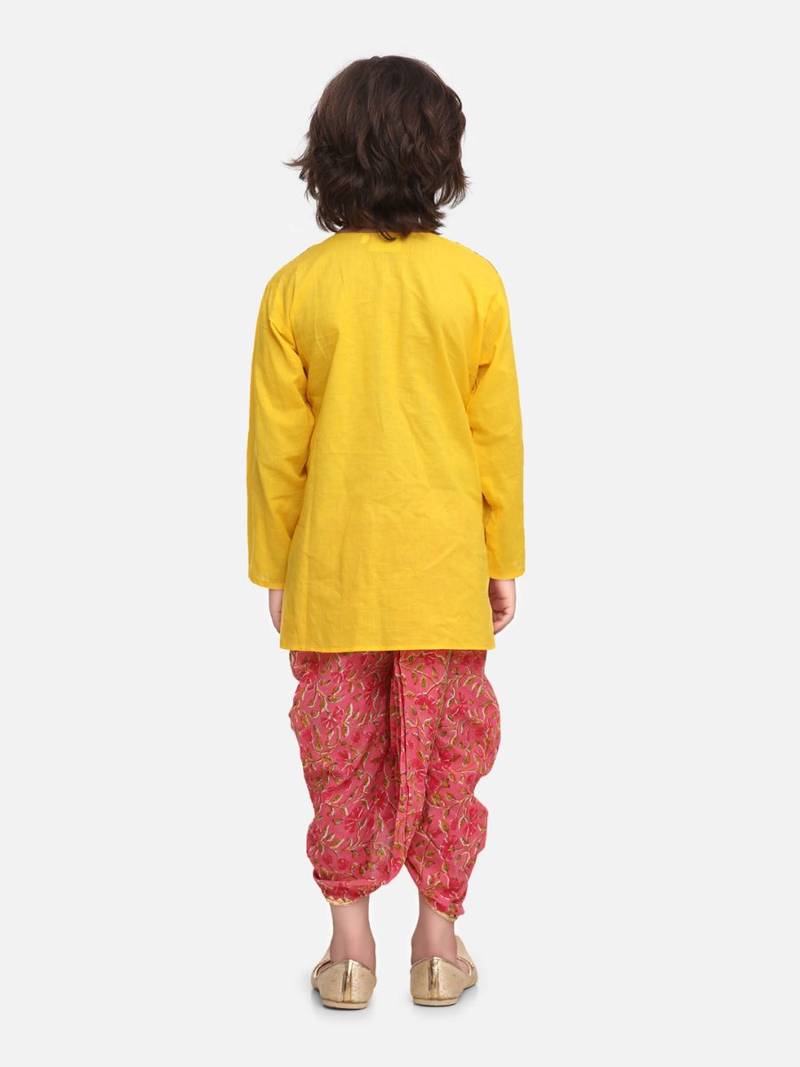 Yellow Block Print Jaipuri Cotton Dhoti Kurta