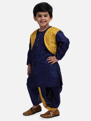 Navy Blue Attached Jacket Jacquard Dhoti Kurta For Baby Boys 1