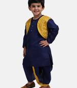 Navy Blue Attached Jacket Jacquard Dhoti Kurta For Baby Boys