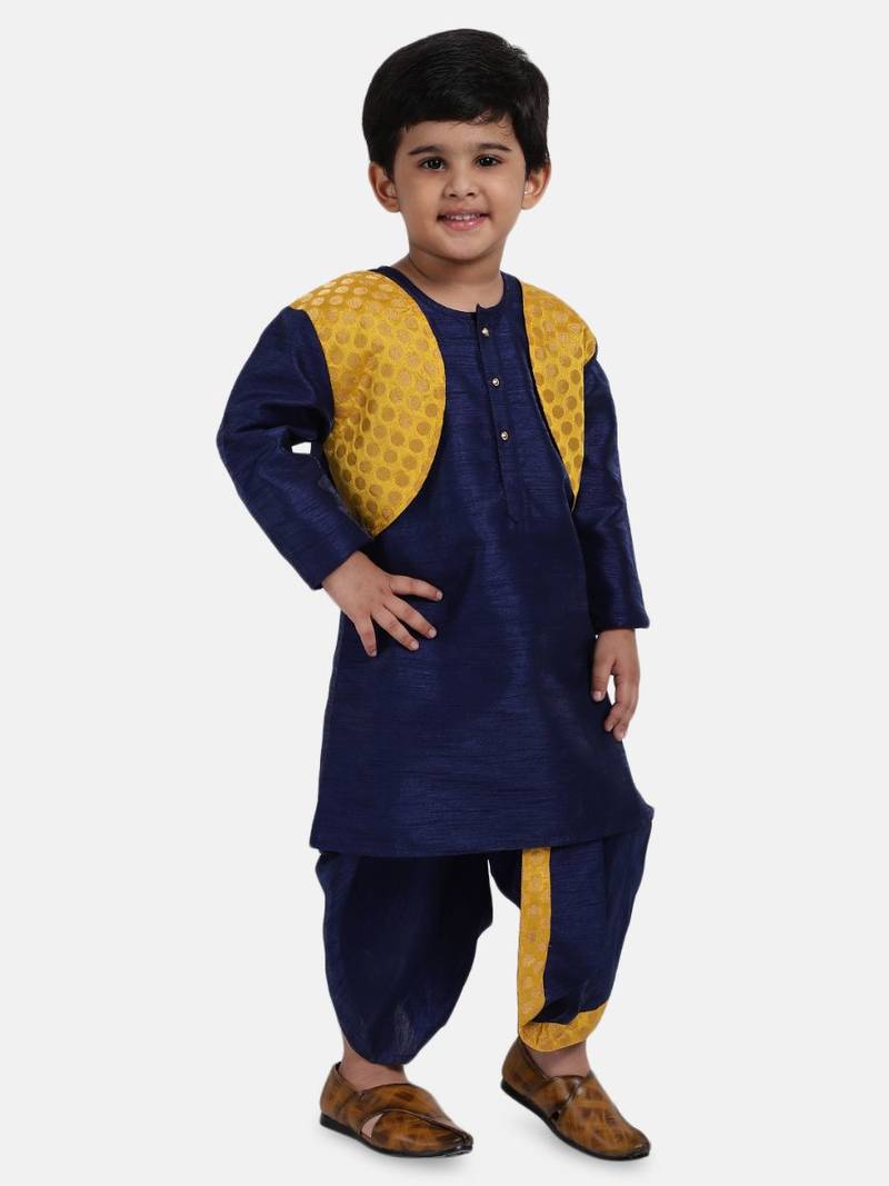 Navy Blue Attached Jacket Jacquard Dhoti Kurta For Baby Boys