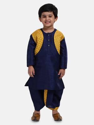 Navy Blue Attached Jacket Jacquard Dhoti Kurta For Baby Boys 3
