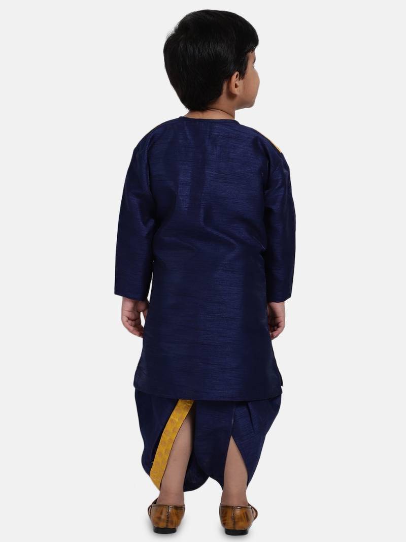 Navy Blue Attached Jacket Jacquard Dhoti Kurta For Baby Boys