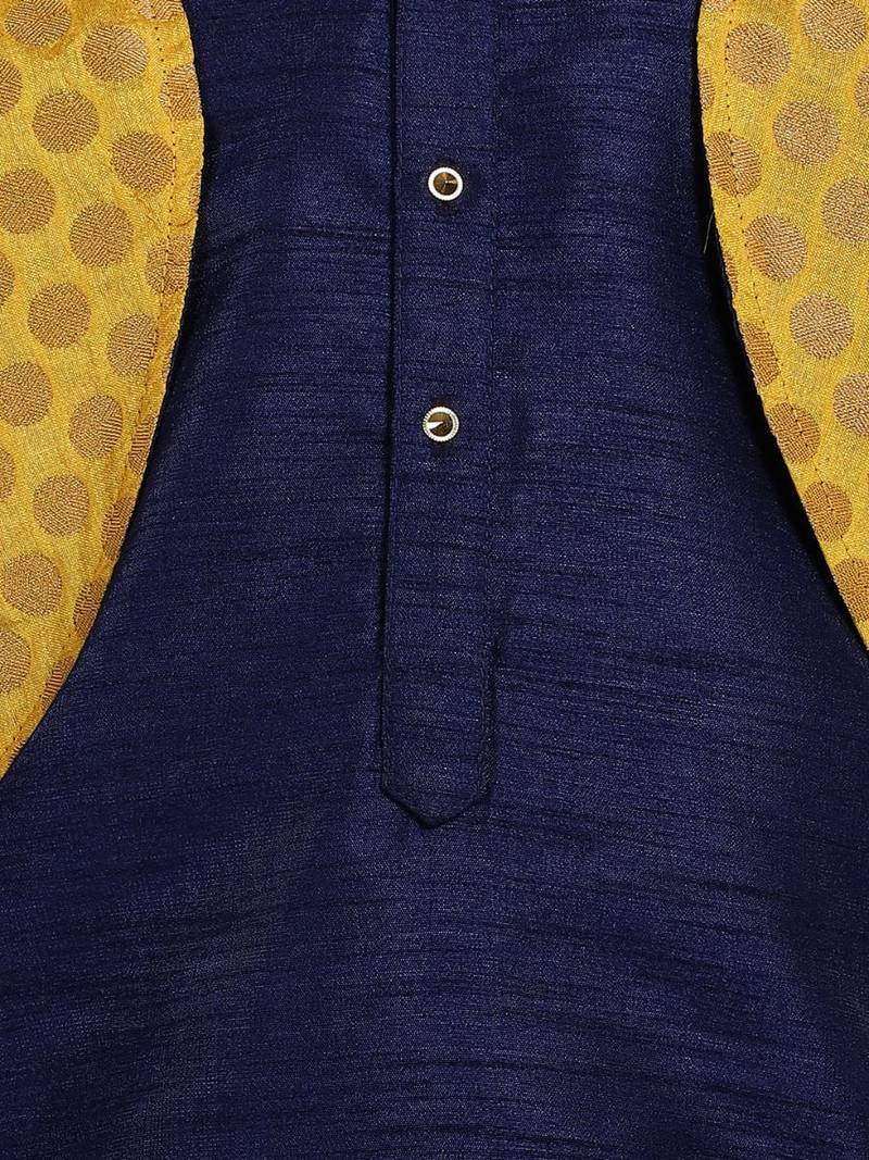 Navy Blue Attached Jacket Jacquard Dhoti Kurta For Baby Boys