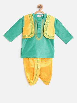 Green Attached Jacket Kurta Dhoti For Baby Boy 1