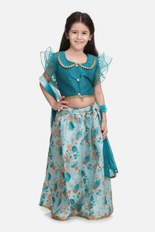 Green  Ruffle Sleeve Collar Choli With Floral Lehenga