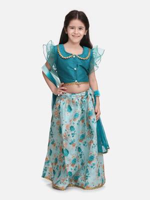 Green  Ruffle Sleeve Collar Choli With Floral Lehenga 1