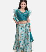 Green  Ruffle Sleeve Collar Choli With Floral Lehenga