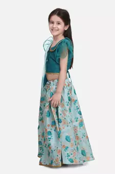 Green  Ruffle Sleeve Collar Choli With Floral Lehenga