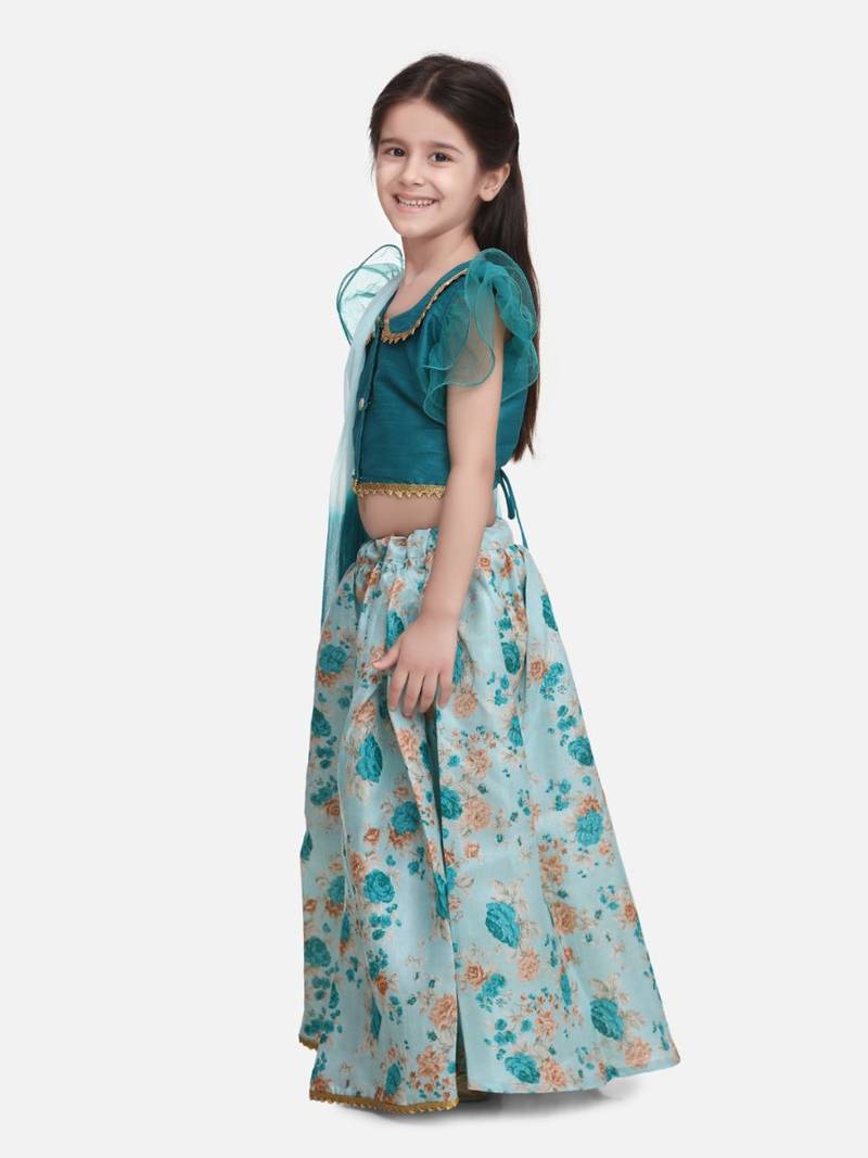 Green  Ruffle Sleeve Collar Choli With Floral Lehenga