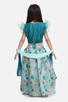 Green  Ruffle Sleeve Collar Choli With Floral Lehenga