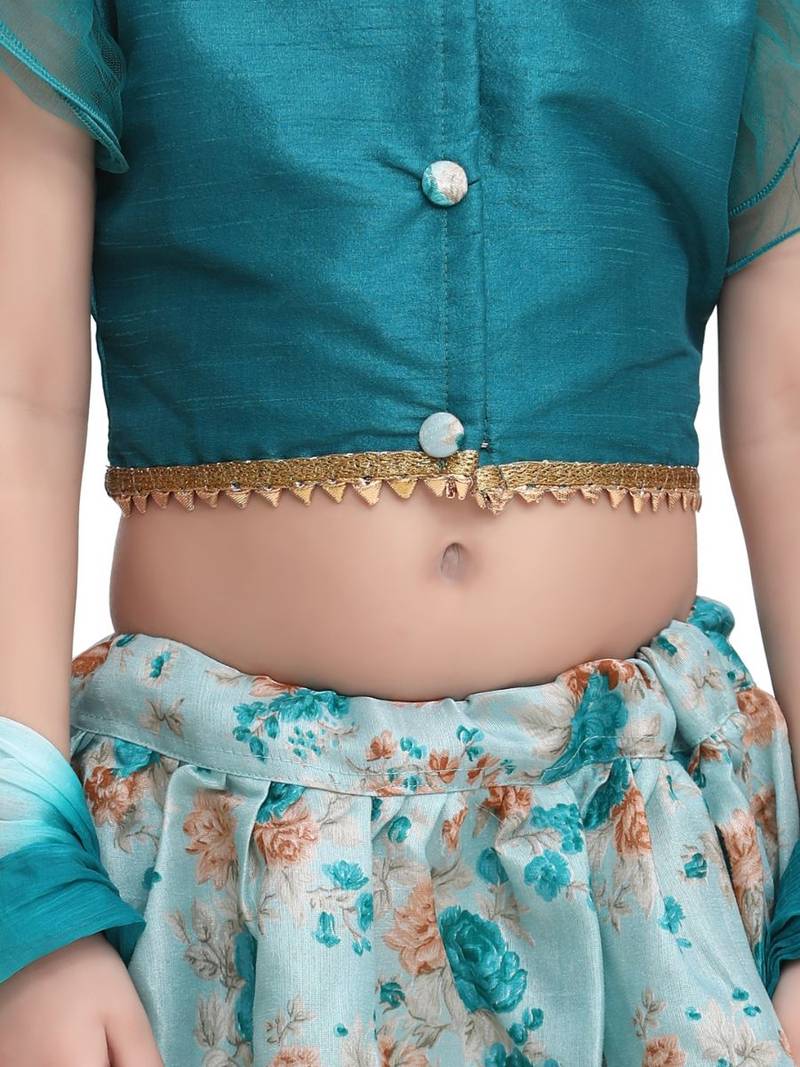 Green  Ruffle Sleeve Collar Choli With Floral Lehenga