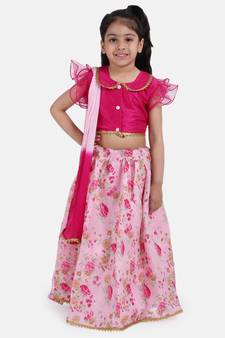 Pink Ruffle Sleeve Collar Choli With Floral Lehenga