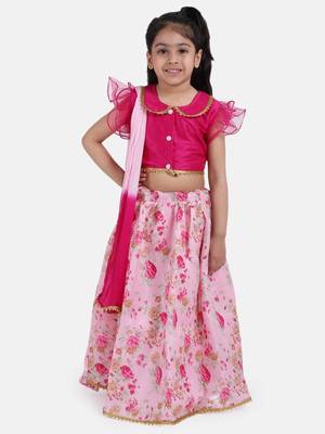 Pink Ruffle Sleeve Collar Choli With Floral Lehenga 1