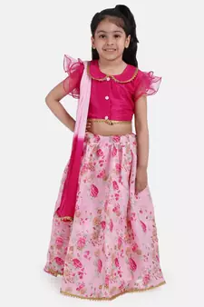 Pink Ruffle Sleeve Collar Choli With Floral Lehenga