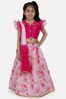 Pink Ruffle Sleeve Collar Choli With Floral Lehenga