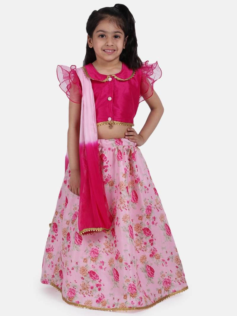 Pink Ruffle Sleeve Collar Choli With Floral Lehenga