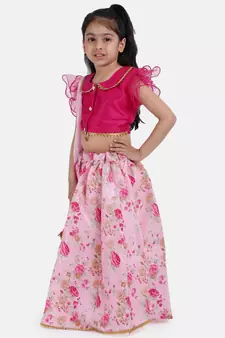 Pink Ruffle Sleeve Collar Choli With Floral Lehenga