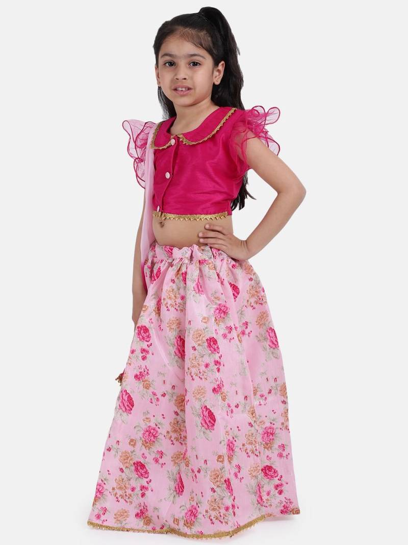 Pink Ruffle Sleeve Collar Choli With Floral Lehenga