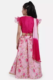 Pink Ruffle Sleeve Collar Choli With Floral Lehenga